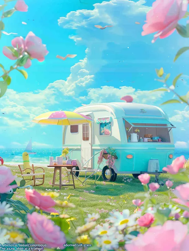 3D anime cute pastel colored style, summer background with flowers and grass on the ground, blue sky, small mobile home trailer caravan in front of it, chairs, table, beach umbrella, sea in the far background, bright sunny day, high resolution, high quality. –ar 3:4  – AI绘画作品展示 | Midjourney中文版生成