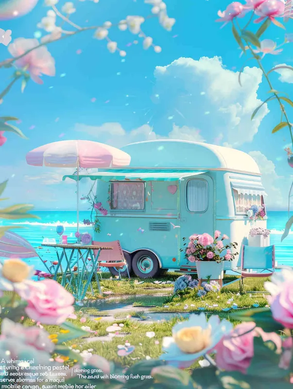  3D anime cute pastel colored style, summer background with flowers and grass on the ground, blue sky, small mobile home trailer caravan in front of it, chairs, table, beach umbrella, sea in the far background, bright sunny day, high resolution, high quality. --ar 3:4  - style2部分