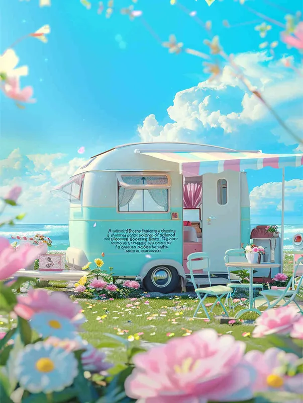  3D anime cute pastel colored style, summer background with flowers and grass on the ground, blue sky, small mobile home trailer caravan in front of it, chairs, table, beach umbrella, sea in the far background, bright sunny day, high resolution, high quality. --ar 3:4  - style3部分