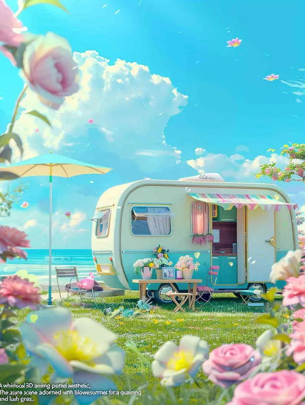  3D anime cute pastel colored style, summer background with flowers and grass on the ground, blue sky, small mobile home trailer caravan in front of it, chairs, table, beach umbrella, sea in the far background, bright sunny day, high resolution, high quality. --ar 3:4  - style4部分