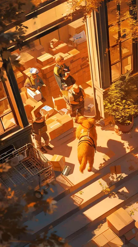 of a bustling delivery center entrance bathed in warm morning light. A golden retriever, wearing a delivery vest, stands proudly at the doorway, holding a small package in its mouth. Surrounding the dog, delivery personnel load packages into trucks, while others sort parcels on nearby tables. Capture the energetic atmosphere with a wide-angle lens, emphasizing the activity and movement of the scene Seed 2217153396 - style1部分