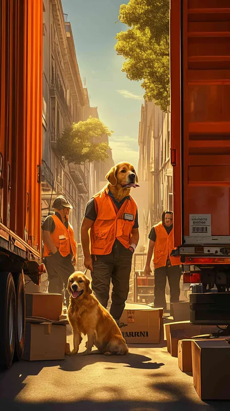 of a bustling delivery center entrance bathed in warm morning light. A golden retriever, wearing a delivery vest, stands proudly at the doorway, holding a small package in its mouth. Surrounding the dog, delivery personnel load packages into trucks, while others sort parcels on nearby tables. Capture the energetic atmosphere with a wide-angle lens, emphasizing the activity and movement of the scene Seed 2217153396 - style2部分