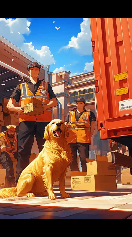 of a bustling delivery center entrance bathed in warm morning light. A golden retriever, wearing a delivery vest, stands proudly at the doorway, holding a small package in its mouth. Surrounding the dog, delivery personnel load packages into trucks, while others sort parcels on nearby tables. Capture the energetic atmosphere with a wide-angle lens, emphasizing the activity and movement of the scene Seed 2217153396 - style3部分