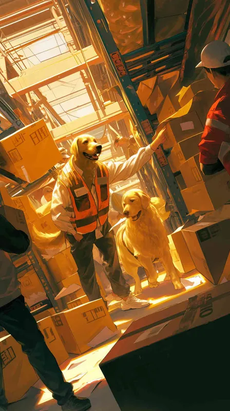 of a bustling delivery center entrance bathed in warm morning light. A golden retriever, wearing a delivery vest, stands proudly at the doorway, holding a small package in its mouth. Surrounding the dog, delivery personnel load packages into trucks, while others sort parcels on nearby tables. Capture the energetic atmosphere with a wide-angle lens, emphasizing the activity and movement of the scene Seed 2217153396 - style4部分