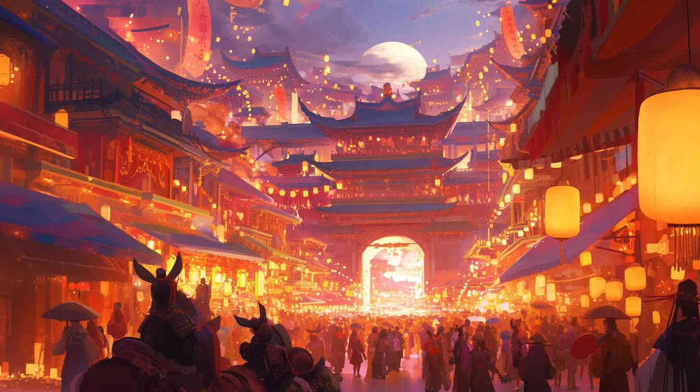 唐代夜晚街景，元宵节热闹非凡得盛世，背景是大唐得城门，前景人来人往得热闹得街市 - style1部分