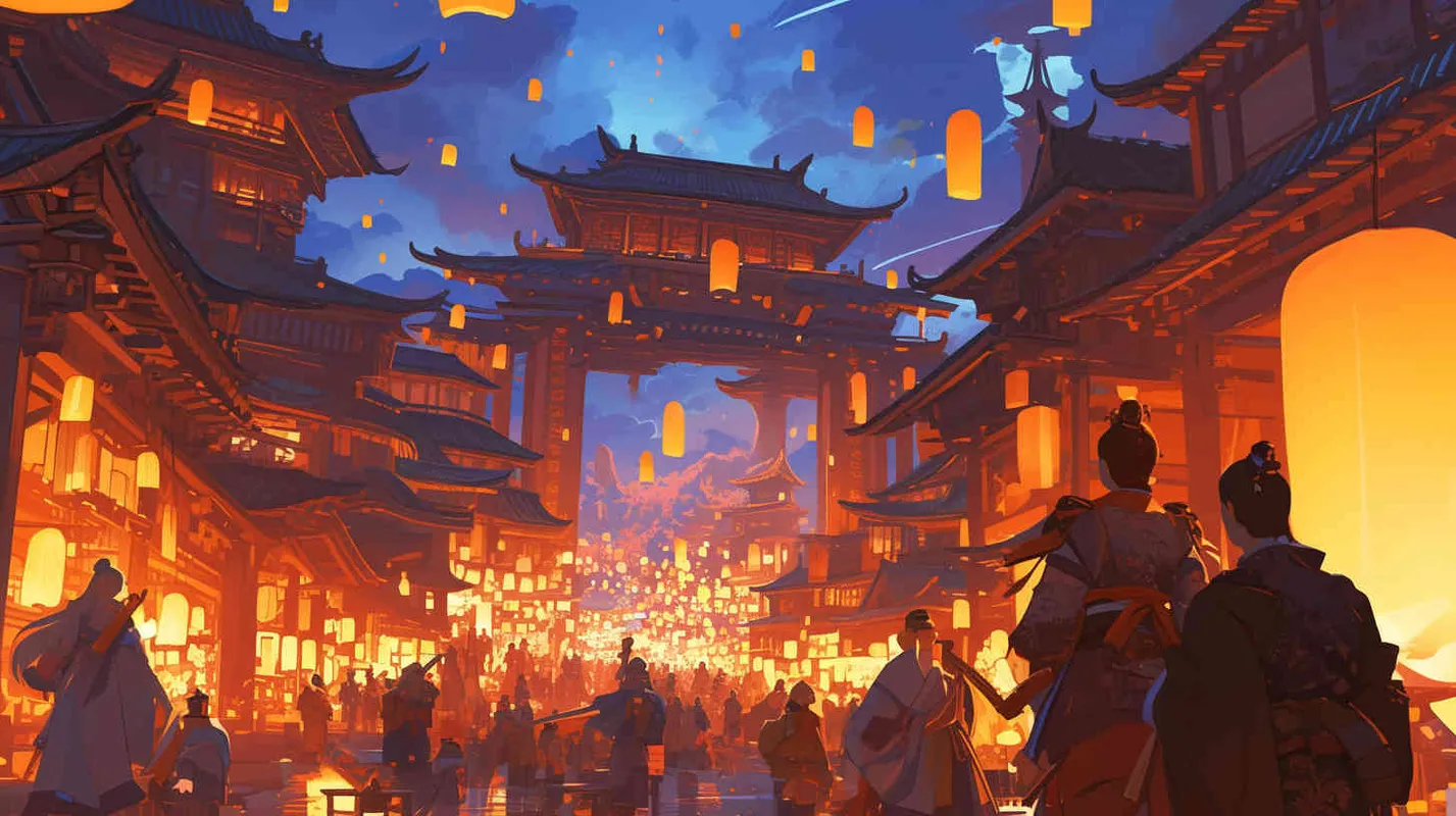 唐代夜晚街景，元宵节热闹非凡得盛世，背景是大唐得城门，前景人来人往得热闹得街市 - style2部分