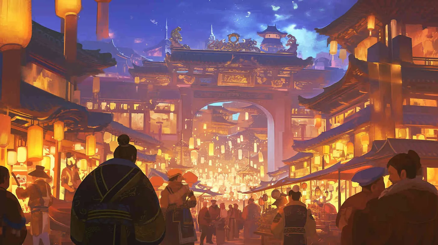 唐代夜晚街景，元宵节热闹非凡得盛世，背景是大唐得城门，前景人来人往得热闹得街市 - style4部分
