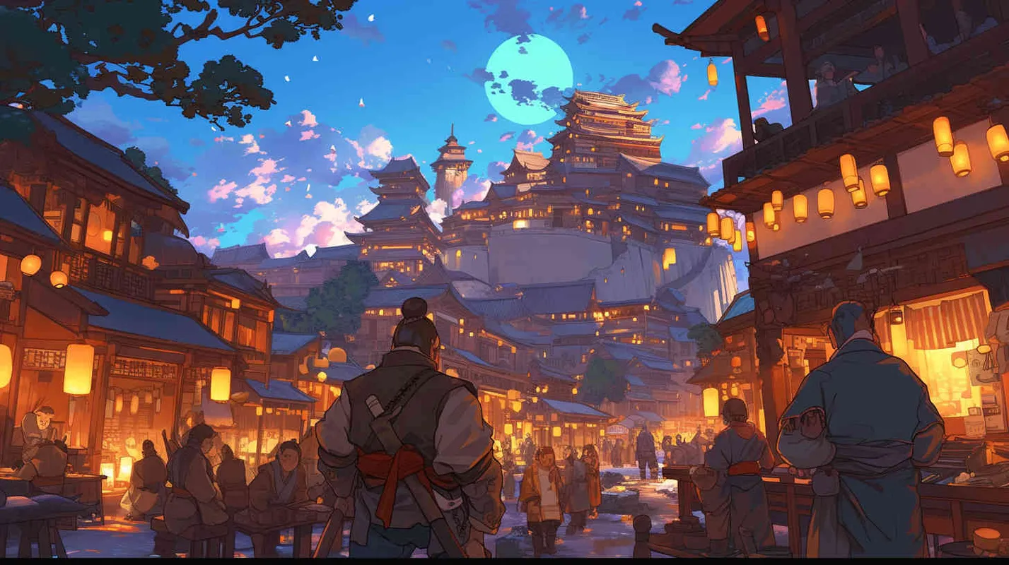 唐代夜晚街景，元宵节热闹非凡得盛世，背景是大唐得城门，前景人来人往得热闹得街市 ，国风插画，扁平风格 - style1部分