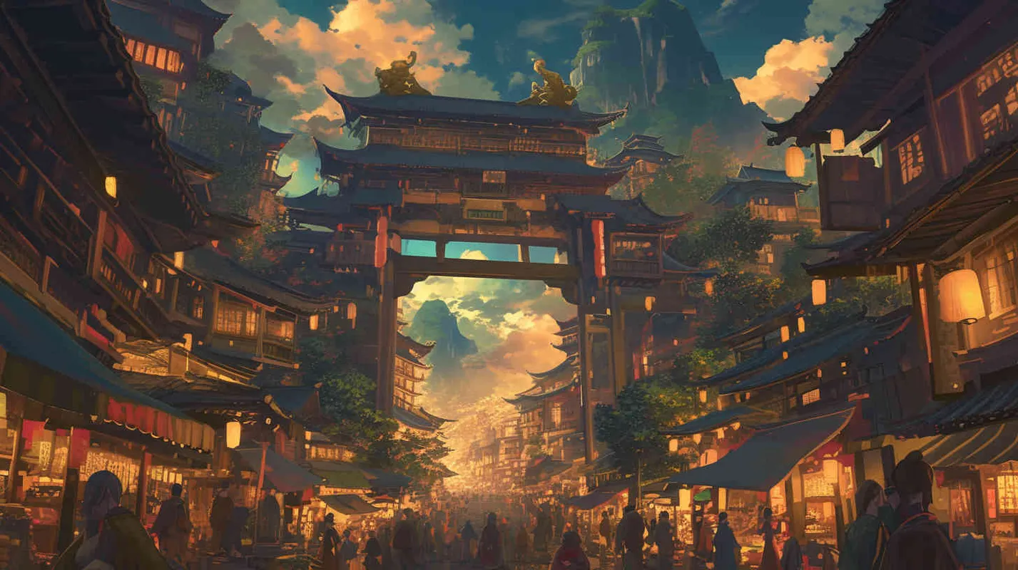 唐代夜晚街景，元宵节热闹非凡得盛世，背景是大唐得城门，前景人来人往得热闹得街市 ，国风插画，扁平风格 - style2部分