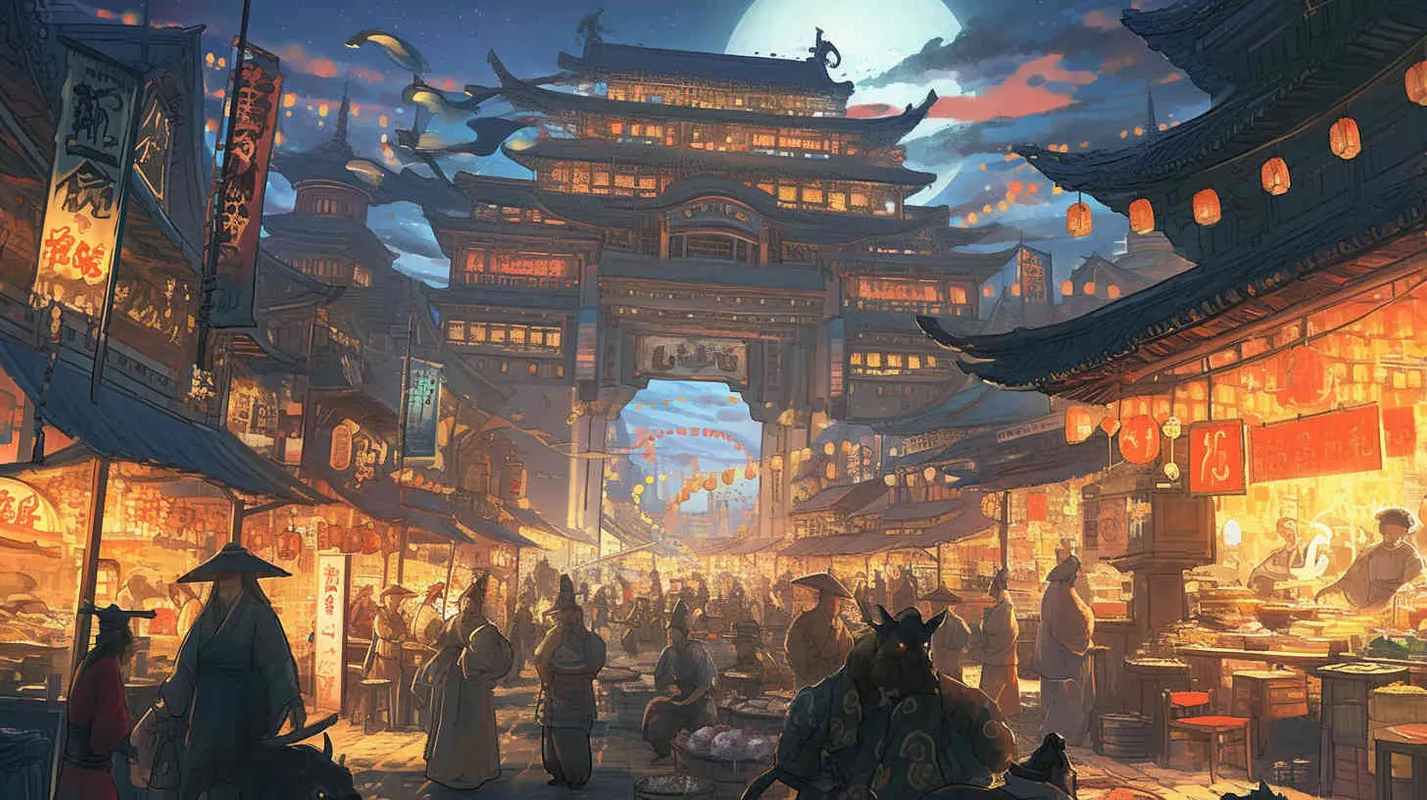 唐代夜晚街景，元宵节热闹非凡得盛世，背景是大唐得城门，前景人来人往得热闹得街市 ，国风插画，扁平风格 - style4部分