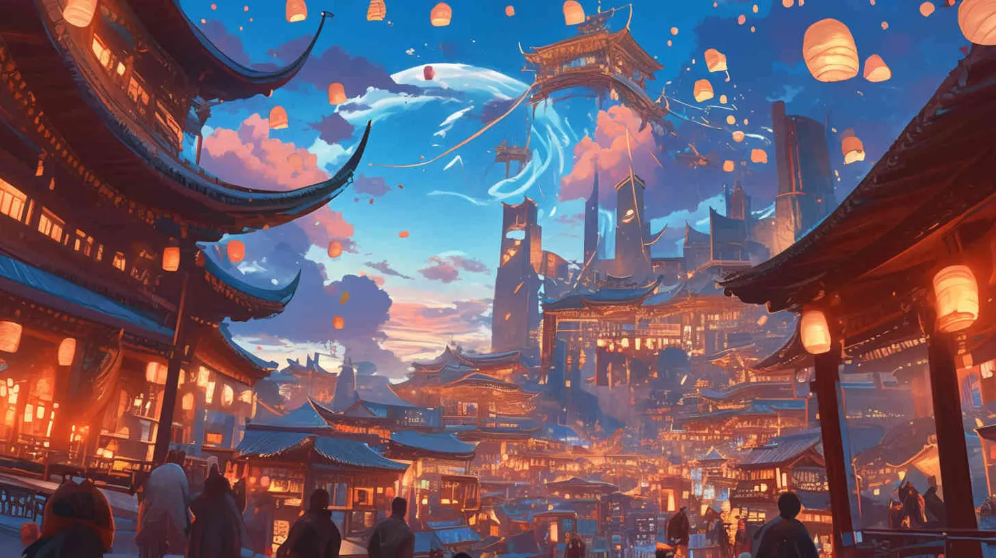 唐代夜晚街景,元宵节热闹非凡得盛世,过节的气氛,背景是大唐得城门,近景镜头,平视视觉,国风插画,扁平风格 - AI绘画作品展示 | Midjourney中文版生成