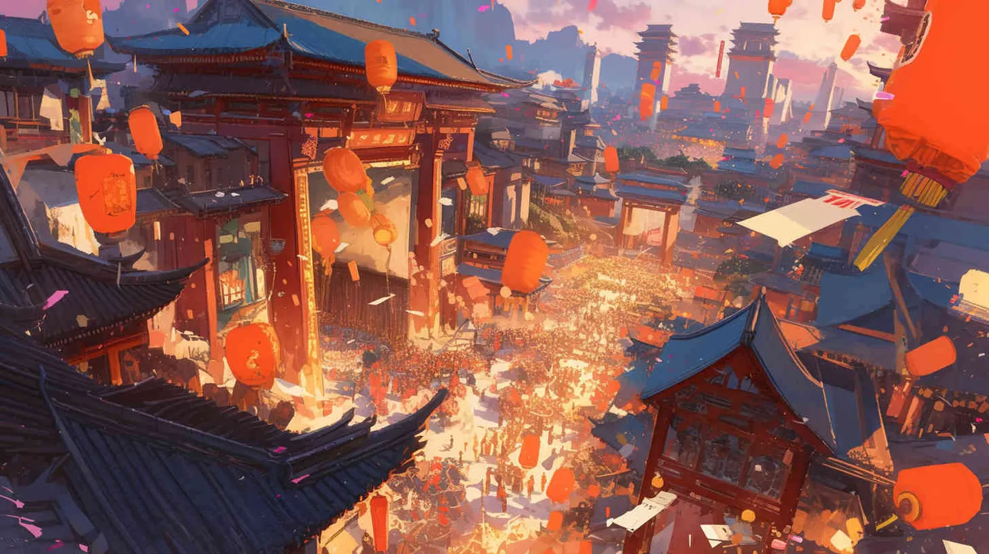 唐代夜晚街景,元宵节热闹非凡得盛世,过节的气氛,背景是大唐得城门,近景镜头,平视视觉,国风插画,扁平风格 - AI绘画作品展示 | Midjourney中文版生成