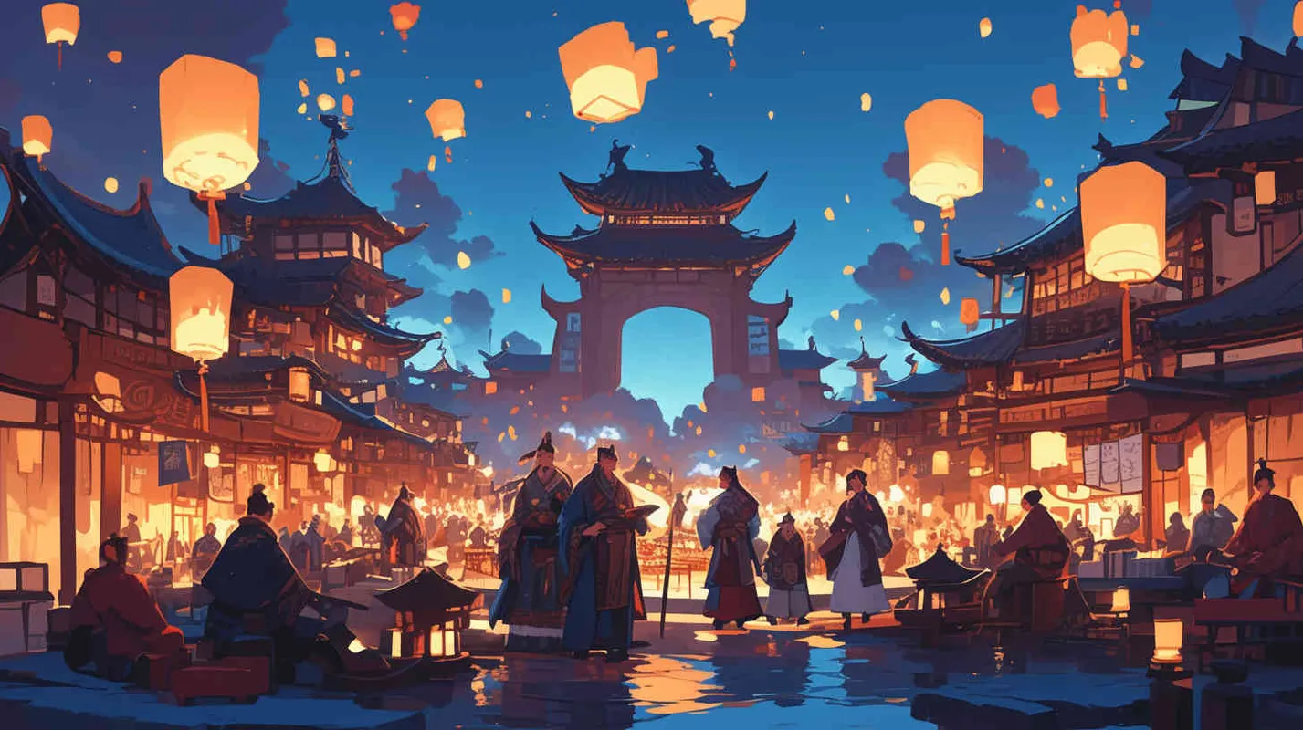 唐代夜晚街景,元宵节热闹非凡得盛世,过节的气氛,背景是大唐得城门,近景镜头,平视视觉,国风插画,扁平风格 - AI绘画作品展示 | Midjourney中文版生成