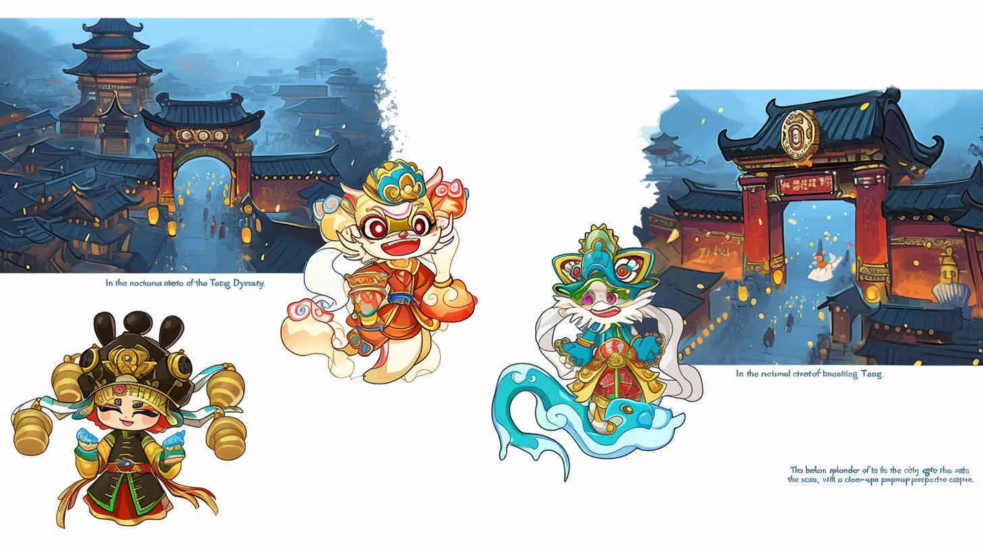 唐代夜晚街景，元宵节热闹非凡得盛世，过节的气氛，背景是大唐得城门，近景镜头，平视视觉，国风插画，扁平风格 - style4部分