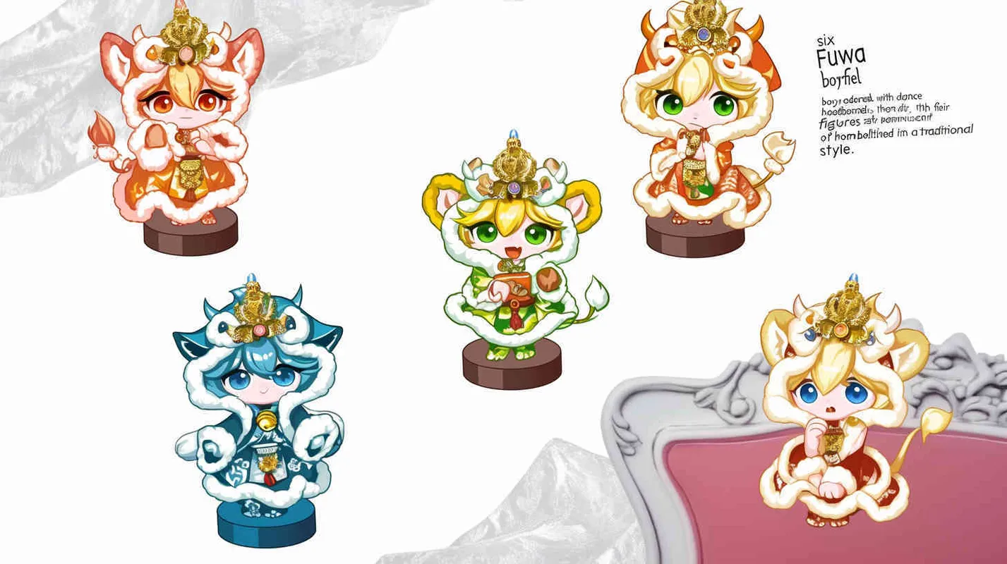 six young Fuwa boys wearing lion dance headbands, replacing the white background with scenes of Tang Dynasty style, national style illustration style - style3部分