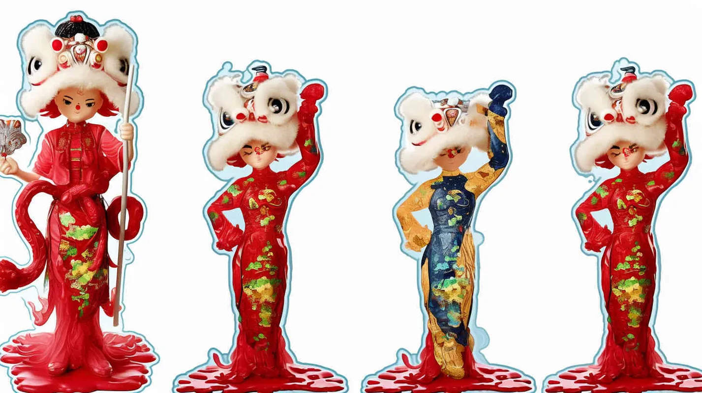 six young Fuwa boys wearing lion dance headbands, replacing the white background with scenes of Tang Dynasty style, national style illustration style - style4部分