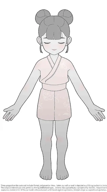 Three views , namely the front view , the side view and the back view，and full body, A girl with a double ball head, closed eyes, hands open,  white background,  best quality, using the Niji v6 version, size must be horizontal version，Three perspectives on the same horizontal line ，4k , front view -- Niji v6- style 150-- ar 3:2-- style raw - style4部分