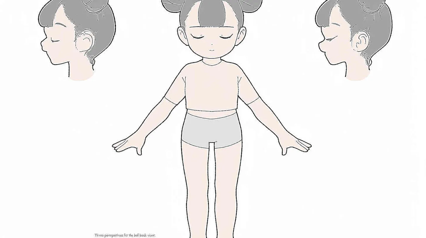 Three views , namely the front view , the side view and the back view，and full body, A girl with a double ball head, closed eyes, hands open,  white background,  best quality, using the Niji v6 version, size must be horizontal version，Three perspectives on the same horizontal line ，4k , front view -- Niji v6- style 150-- ar 3:2-- style raw - style1部分