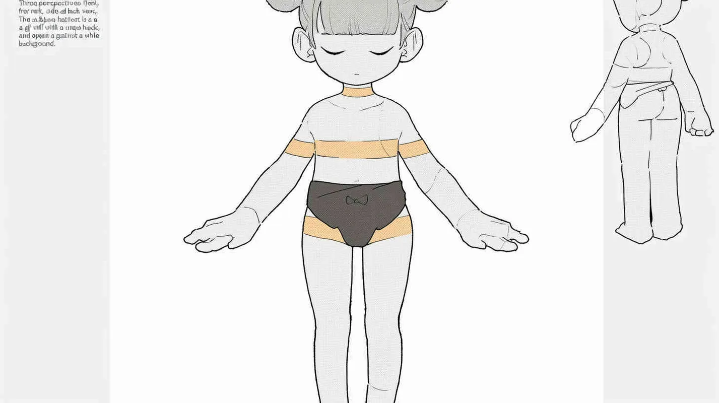 Three views , namely the front view , the side view and the back view，and full body, A girl with a double ball head, closed eyes, hands open,  white background,  best quality, using the Niji v6 version, size must be horizontal version，Three perspectives on the same horizontal line ，4k , front view -- Niji v6- style 150-- ar 3:2-- style raw - style4部分