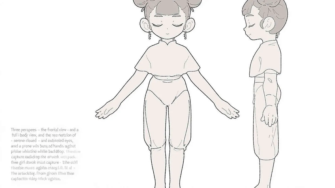 Three views , namely the front view , the side view and the back view，and full body, A girl with a double ball head, closed eyes, hands open,  white background,  three  views,  front, side,  back，best quality, using the Niji v6 version, size must be horizontal version，Three perspectives on the same horizontal line ，4k , front view -- Niji v6- style 150-- ar 3:2-- style raw - style1部分
