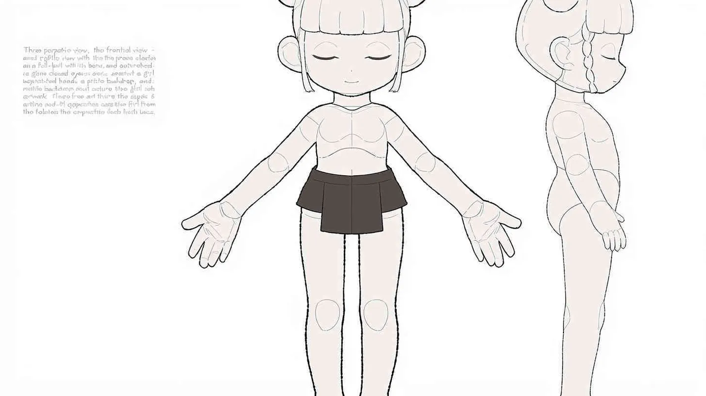 Three views , namely the front view , the side view and the back view，and full body, A girl with a double ball head, closed eyes, hands open,  white background,  three  views,  front, side,  back，best quality, using the Niji v6 version, size must be horizontal version，Three perspectives on the same horizontal line ，4k , front view -- Niji v6- style 150-- ar 3:2-- style raw - style3部分