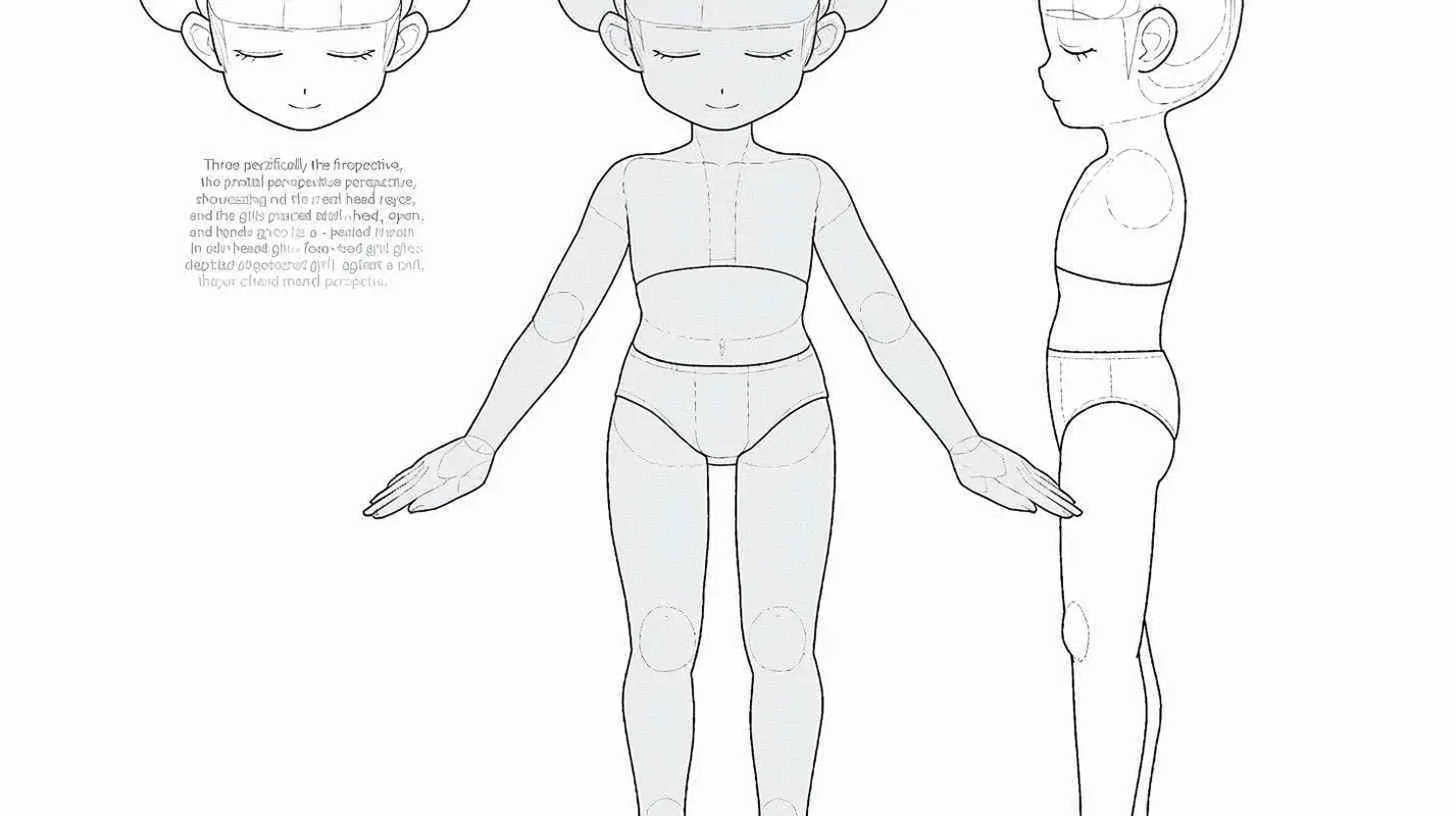 Three views , namely the front view , the side view and the back view，and full body, A girl with a double ball head, closed eyes, hands open,  four headed girl，white background,  three  views,  front, side,  back，best quality, using the Niji v6 version, size must be horizontal version，Three perspectives on the same horizontal line ，4k , front view -- Niji v6- style 150-- ar 3:2-- style raw - style2部分