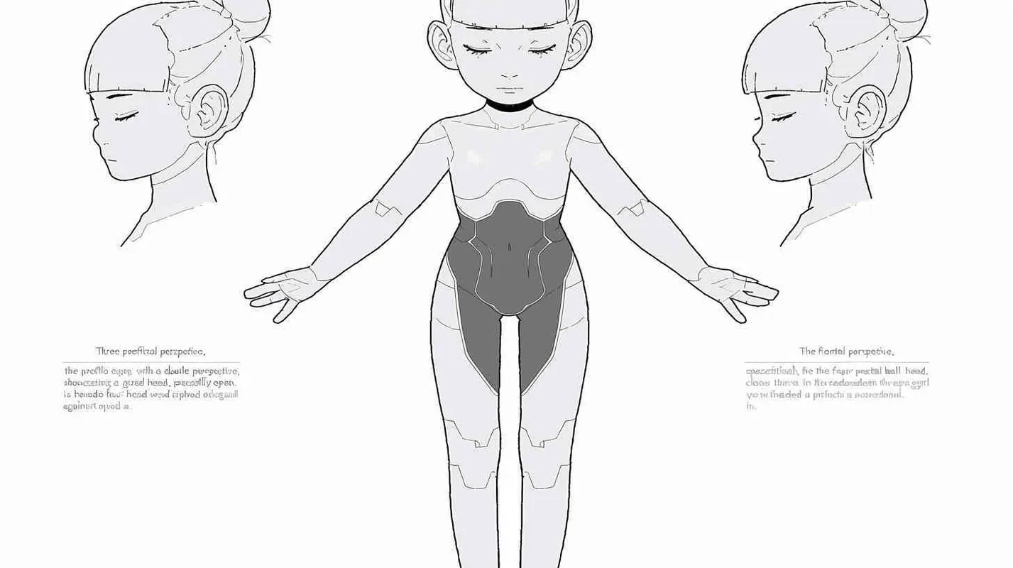 Three views , namely the front view , the side view and the back view，and full body, A girl with a double ball head, closed eyes, hands open,  four headed girl，white background,  three  views,  front, side,  back，best quality, using the Niji v6 version, size must be horizontal version，Three perspectives on the same horizontal line ，4k , front view -- Niji v6- style 150-- ar 3:2-- style raw - style3部分