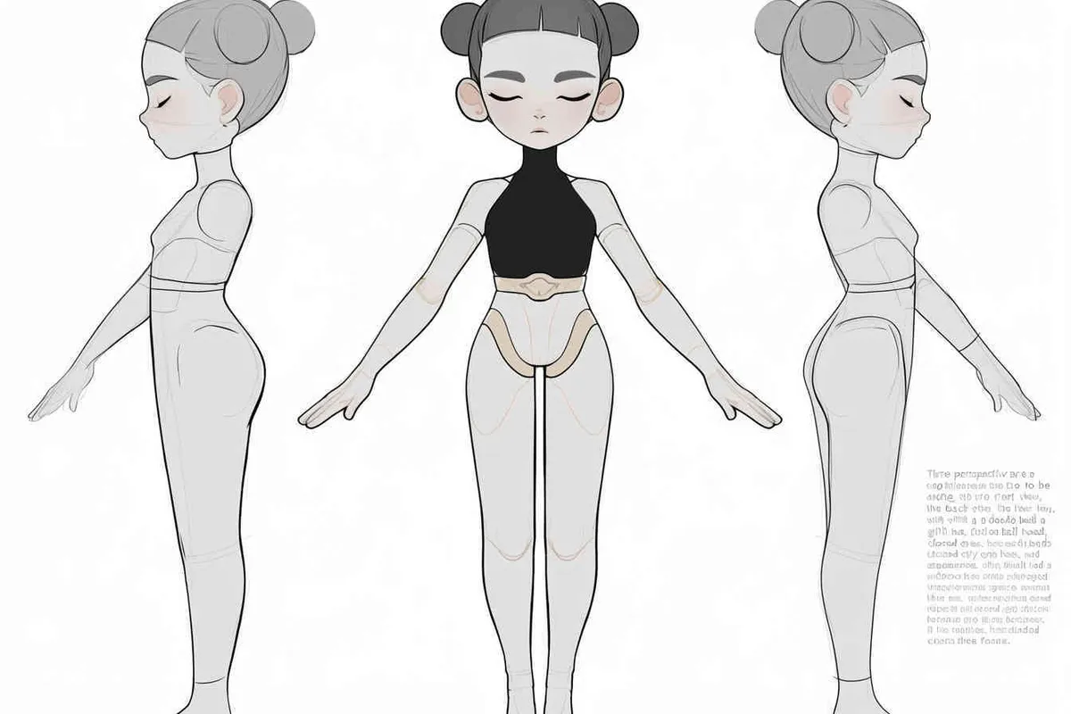 Three views , namely the front view , the side view and the back view，and full body, A girl with a double ball head, closed eyes, hands open,  four headed girl，white background,  three  views,  front, side,  back，best quality, using the Niji v6 version, size must be horizontal version，Three perspectives on the same horizontal line ，4k , front view -- Niji v6- style 150-- ar 3:2-- style raw - style4部分