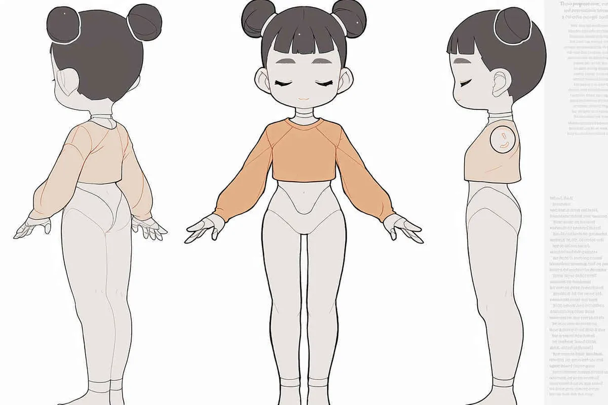 Three views , namely the front view , the side view and the back view，and full body, A girl with a double ball head, closed eyes, hands open,  Three headed girl，white background,  three  views,  front, side,  back，best quality, using the Niji v6 version, size must be horizontal version，Three perspectives on the same horizontal line ，4k , front view -- Niji v6- style 150-- ar 3:2-- style raw - style1部分