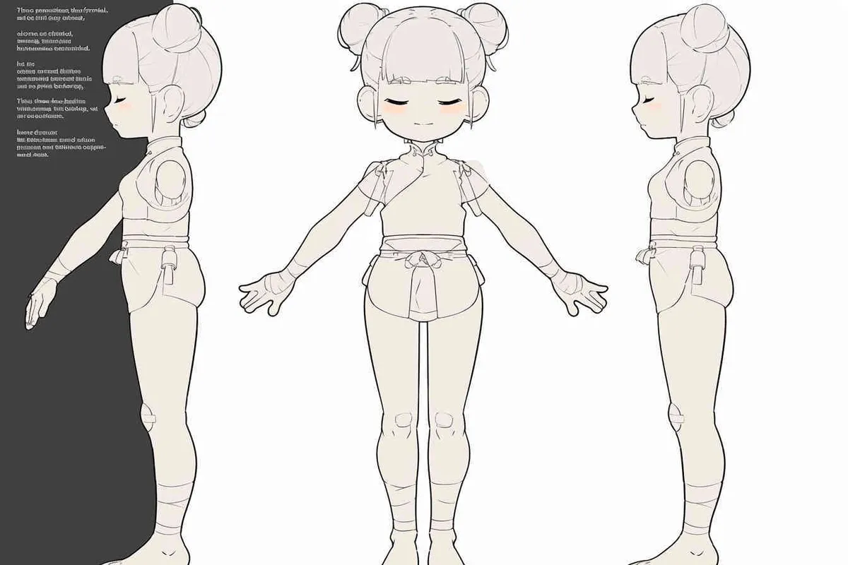 Three views , namely the front view , the side view and the back view，and full body, A girl with a double ball head, closed eyes, hands open,  Three headed girl，white background,  three  views,  front, side,  back，best quality, using the Niji v6 version, size must be horizontal version，Three perspectives on the same horizontal line ，4k , front view -- Niji v6- style 150-- ar 3:2-- style raw - style3部分