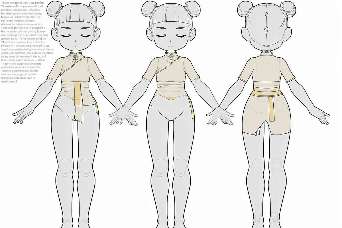 Three views , namely the front view , the side view and the back view，and full body, A girl with a double ball head, closed eyes, hands open,  Three headed girl，white background,  three  views,  front, side,  back，best quality, using the Niji v6 version, size must be horizontal version，Three perspectives on the same horizontal line ，4k , front view -- Niji v6- style 150-- ar 3:2-- style raw - style4部分
