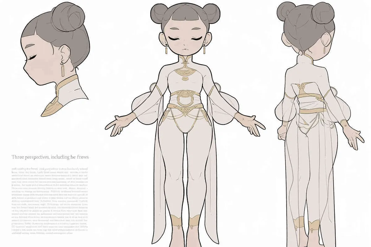 Three views , namely the front view , the side view and the back view，and full body, A girl with a double ball head, closed eyes, hands open,  Three headed girl，white background,  three  views,  front, side,  back，best quality, using the Niji v6 version, size must be horizontal version，Three perspectives on the same horizontal line ，4k , front view -- Niji v6- style 150-- ar 3:2-- style raw - style4部分
