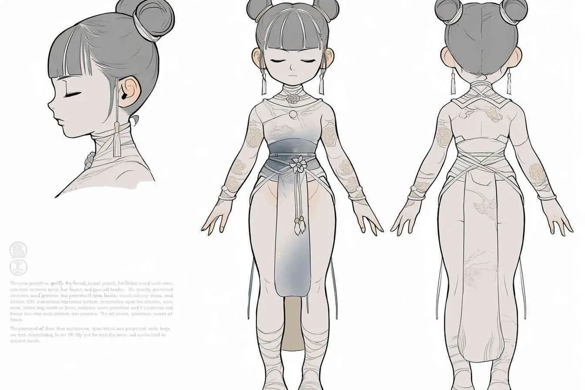 Three views , namely the front view , the side view and the back view，and full body, A girl with a double ball head, closed eyes, hands open,  Three headed girl，white background,  three  views,  front, side,  back，best quality, using the Niji v6 version, size must be horizontal version，Three perspectives on the same horizontal line ，4k , front view -- Niji v6- style 150-- ar 3:2-- style raw - style1部分