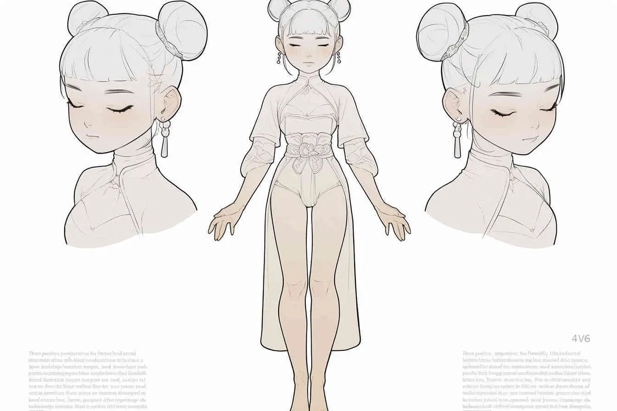 Three views , namely the front view , the side view and the back view，and full body, A girl with a double ball head, closed eyes, hands open,  Three headed girl，white background,  three  views,  front, side,  back，best quality, using the Niji v6 version, size must be horizontal version，Three perspectives on the same horizontal line ，4k , front view -- Niji v6- style 150-- ar 3:2-- style raw - style2部分