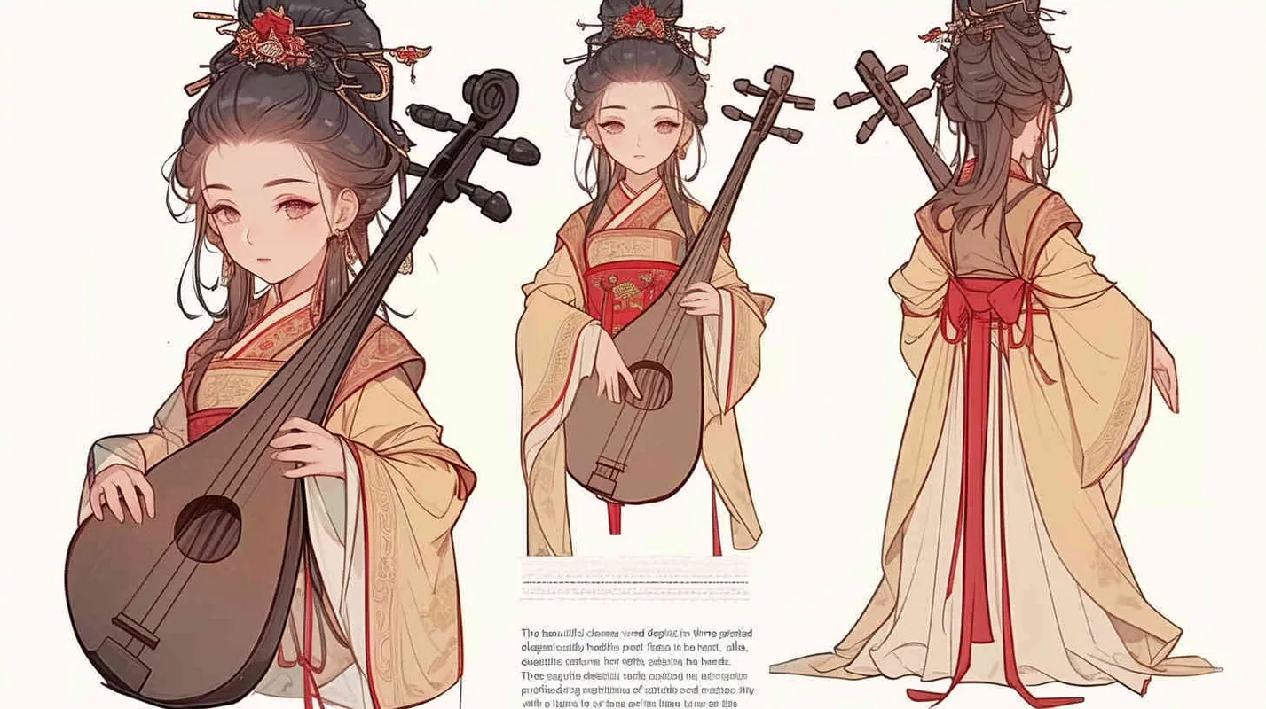 ((中国古典美女做成三视图))((双手抱着琵琶))((四视角度))((正面身，侧面身，背面身))((双手都要抱着琵琶))((全身))((三视图，正身，侧身，后背))((正身，侧身，和后背))((水墨画风格))((8000k分辨率))((高清画质))((精细脸))((精致画质))((必须三视图))((正面，侧面，后背))((不要单个乐器))((人物一定要有侧面))((全身像)) - style1部分