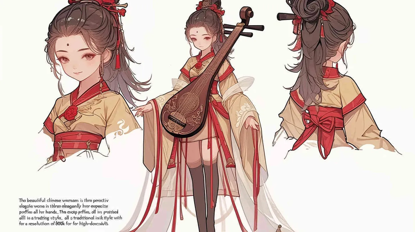 ((中国古典美女做成三视图))((双手抱着琵琶))((四视角度))((正面身，侧面身，背面身))((双手都要抱着琵琶))((全身))((三视图，正身，侧身，后背))((正身，侧身，和后背))((水墨画风格))((8000k分辨率))((高清画质))((精细脸))((精致画质))((必须三视图))((正面，侧面，后背))((不要单个乐器))((人物一定要有侧面))((全身像)) - style2部分