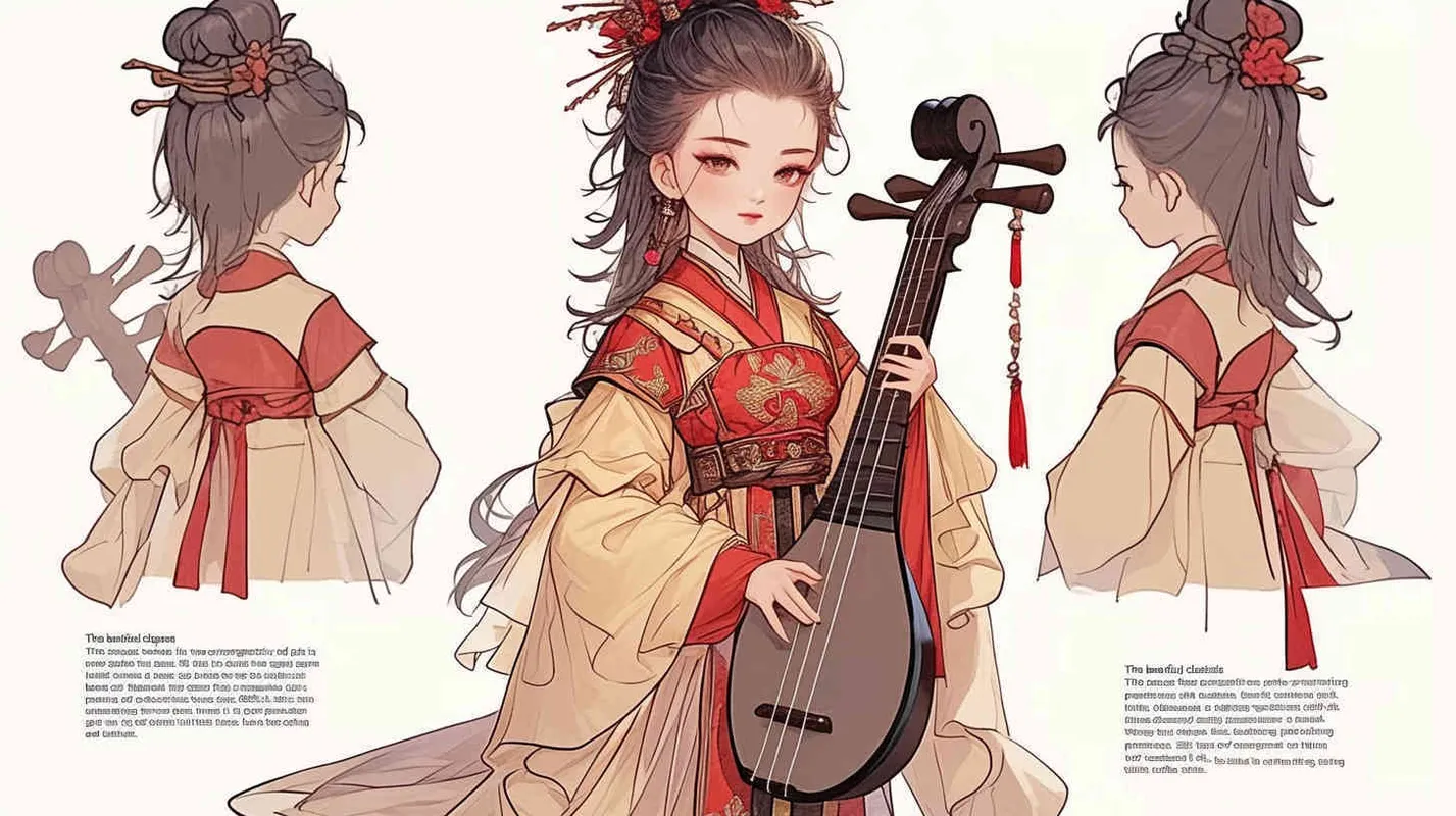 ((中国古典美女做成三视图))((双手抱着琵琶))((四视角度))((正面身，侧面身，背面身))((双手都要抱着琵琶))((全身))((三视图，正身，侧身，后背))((正身，侧身，和后背))((水墨画风格))((8000k分辨率))((高清画质))((精细脸))((精致画质))((必须三视图))((正面，侧面，后背))((不要单个乐器))((人物一定要有侧面))((全身像)) - style3部分