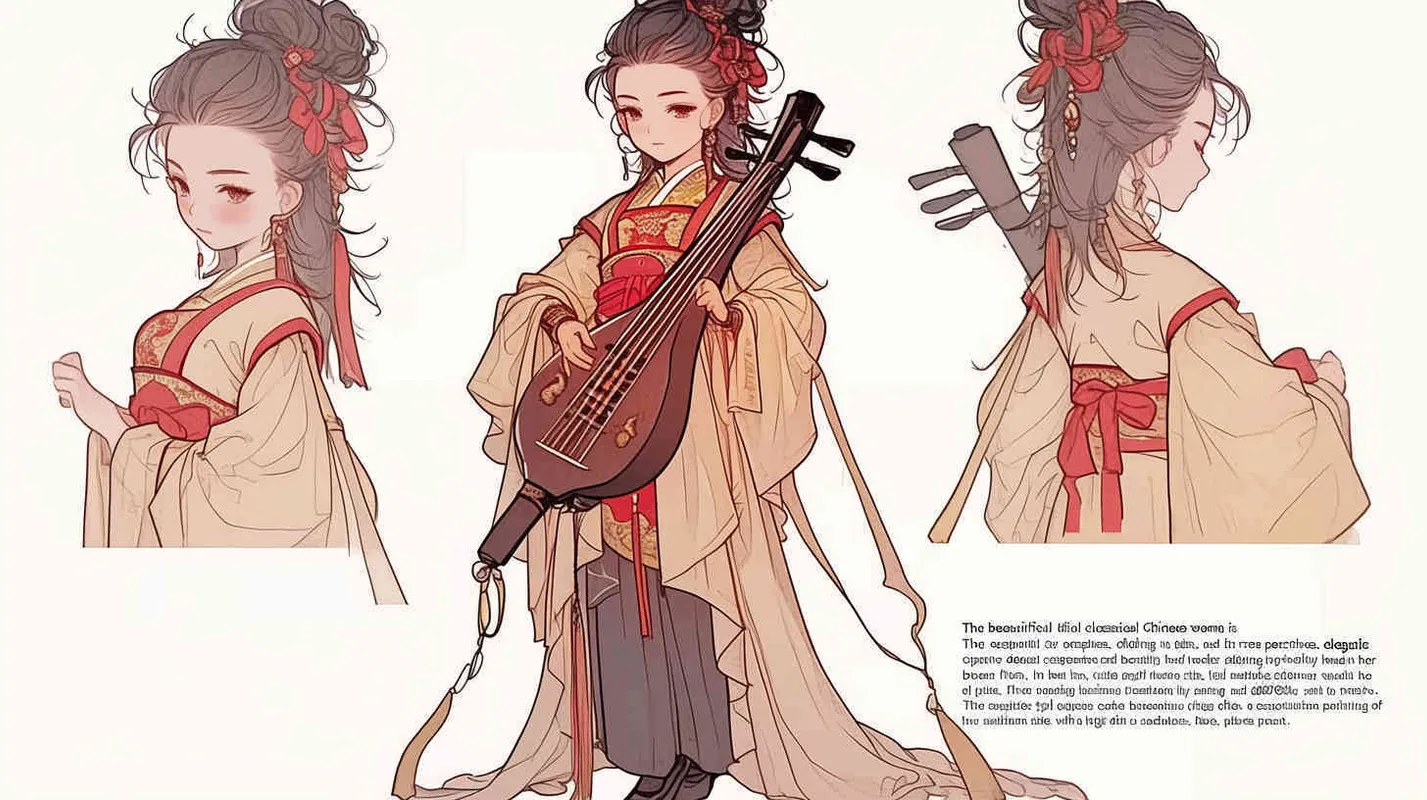 ((中国古典美女做成三视图))((双手抱着琵琶))((四视角度))((正面身，侧面身，背面身))((双手都要抱着琵琶))((全身))((三视图，正身，侧身，后背))((正身，侧身，和后背))((水墨画风格))((8000k分辨率))((高清画质))((精细脸))((精致画质))((必须三视图))((正面，侧面，后背))((不要单个乐器))((人物一定要有侧面))((全身像)) - style4部分