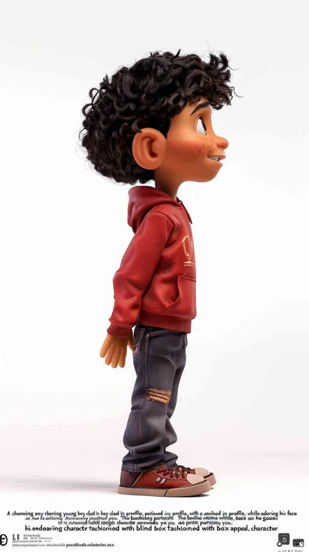 2️⃣ A cute little boy wearing red , , standing sideways, smiling and looking at you. The background is white, full body portrait, blind box style character design, clay material, in the style of Pixar animation, best quality. - style1部分