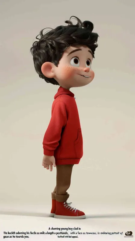 2️⃣ A cute little boy wearing red , , standing sideways, smiling and looking at you. The background is white, full body portrait, blind box style character design, clay material, in the style of Pixar animation, best quality. - style3部分