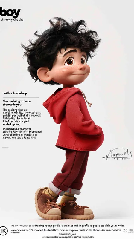 2️⃣ A cute little boy wearing red , , standing sideways, smiling and looking at you. The background is white, full body portrait, blind box style character design, clay material, in the style of Pixar animation, best quality. - style4部分