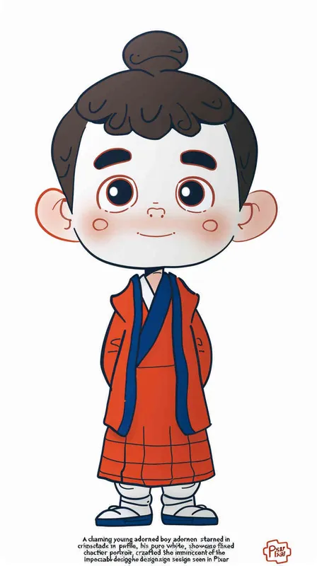 A cute little boy wearing red , standing sideways, smiling and looking at you. The background is white, full body portrait, blind box style character design, clay material, in the style of Pixar animation, best quality. - style2部分