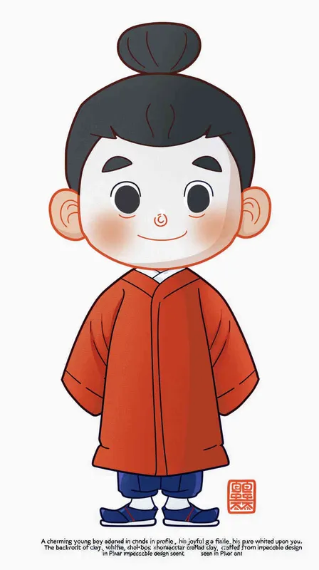 A cute little boy wearing red , standing sideways, smiling and looking at you. The background is white, full body portrait, blind box style character design, clay material, in the style of Pixar animation, best quality. - style3部分