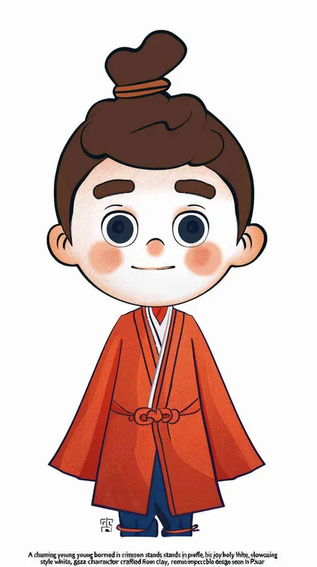 A cute little boy wearing red , standing sideways, smiling and looking at you. The background is white, full body portrait, blind box style character design, clay material, in the style of Pixar animation, best quality. - style4部分