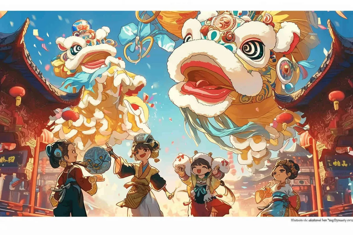 draw six teenagers wearing lion dance headgear and the background of the national style during the prosperous Tang Dynasty - style1部分