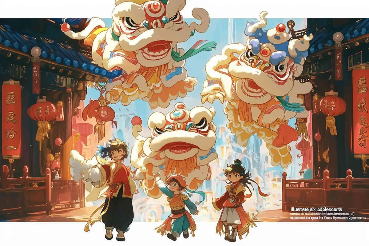 draw six teenagers wearing lion dance headgear and the background of the national style during the prosperous Tang Dynasty - style2部分