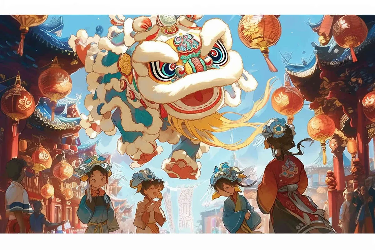 draw six teenagers wearing lion dance headgear and the background of the national style during the prosperous Tang Dynasty - style4部分
