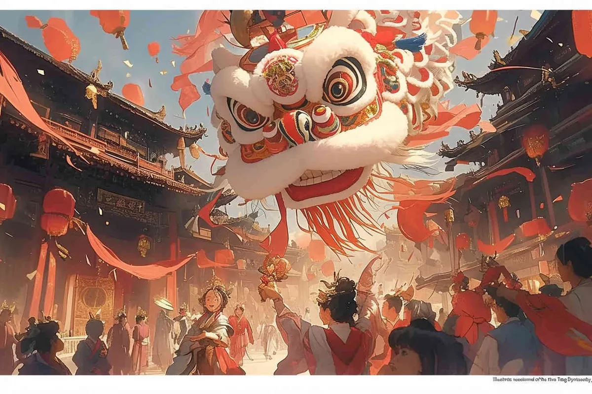 draw six teenagers wearing lion dance headgear and the background of the national style during the prosperous Tang Dynasty - style1部分