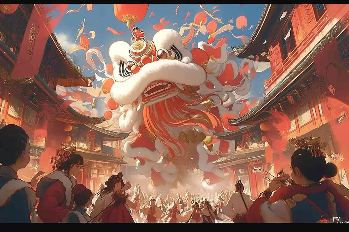 draw six teenagers wearing lion dance headgear and the background of the national style during the prosperous Tang Dynasty - style2部分