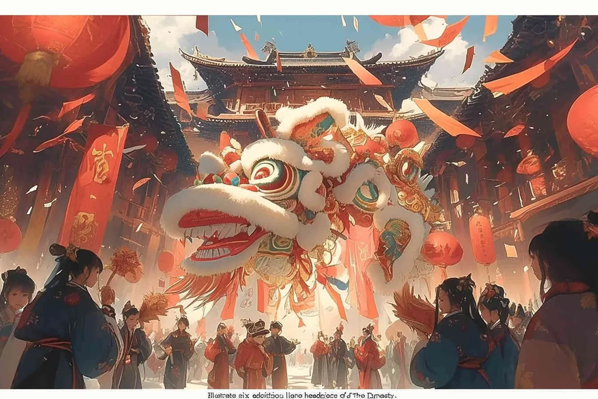 draw six teenagers wearing lion dance headgear and the background of the national style during the prosperous Tang Dynasty - style3部分